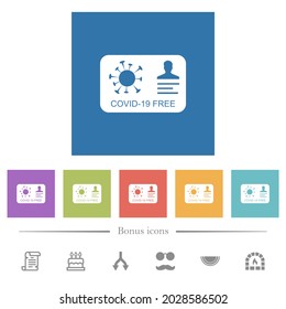 Covid 19 free flat white icons in square backgrounds. 6 bonus icons included.