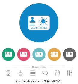 Covid 19 free flat white icons on round color backgrounds. 6 bonus icons included.