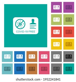 Covid 19 free multi colored flat icons on plain square backgrounds. Included white and darker icon variations for hover or active effects.