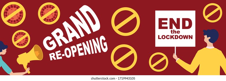 COVID 19. Grand re-opening background with megaphone. Reopen and end the lockdown. Business concept. Economic recovery after coronavirus. Flat vector illustration.