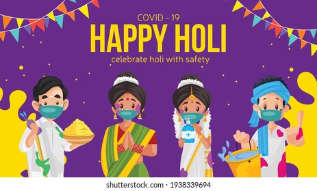 Covid 19 happy Holi celebrate Holi with safety banner design. Vector graphic illustration.