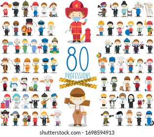 Covid 19 Health Emergency Special Edition: Set of 80 different professions with surgical masks and latex gloves in cartoon style .