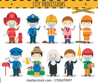Covid 19 Health Emergency Special Edition: Vector Set of City Professions with surgical masks and latex gloves in cartoon style