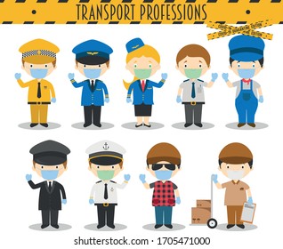 Covid 19 Health Emergency Special Edition: Vector Set of Transport Professions with surgical masks and latex gloves in cartoon style