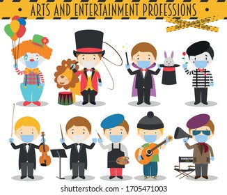 Covid 19 Health Emergency Special Edition: Vector Set of Arts and Entertainment Professions with surgical masks and latex gloves in cartoon style