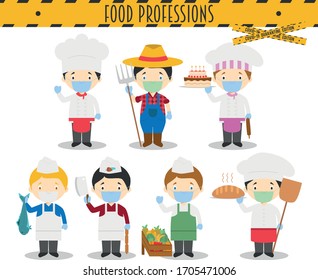 Covid 19 Health Emergency Special Edition: Vector Set Of Food Industry Professions With Surgical Masks And Latex Gloves In Cartoon Style