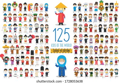 Covid 19 Health Emergency Special Edition: Set of 125 Kids of the World of different nationalities with surgical masks and latex gloves in cartoon style.