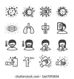 cóvid 19 conjunto de iconos,virus,enfermedad/Diseño de conjunto de iconos plano, Icono de vector de línea de salida para el diseño.