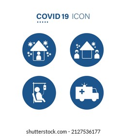 Covid 19 icons with blue circle shape such Icons as Stay home, Quarantine isolation on white background. Vector illustration.