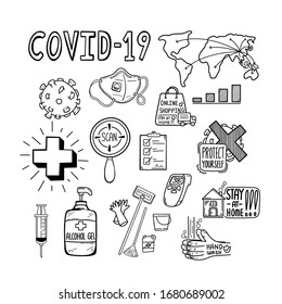 Covid 19 icons is doodle draw. Editable stroke. Vector illustation. 