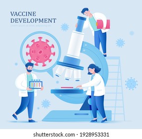 COVID 19 Illustration With Miniature Scientists Studying Virus Through Microscope. Concept Of Biological Or Medical Research.