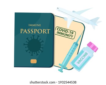 Covid 19 immune passport with test result, travel visa. Coronavirus vaccination certificate. Sars 2019-nCoV, Covid-19 pandemic end. Vector illustration