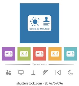 Covid 19 immuned flat white icons in square backgrounds. 6 bonus icons included.
