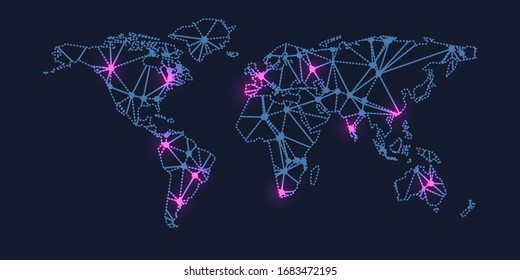 covid 19 infection with towards the world map and infected locations coronavirus healthcare banner infection of polygons world map line map danger medicine explosion eruption world colourful healing b
