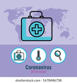 covid 19 infographic with first aid kit and icons vector illustration design