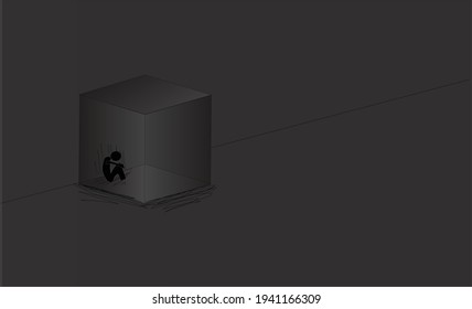 COVID 19, Isolation, fear and depression concept, in need of a helping hand. Person trapped in a box. Grief, copy space