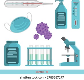 Covid 19 items.  Thermometer, antiseptic, test, medical mask, test tube, microscope. Vector illustration. 