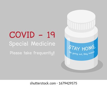 COVID - 19 Medicine bottle, Special Medicine, Stay home use for prevention,immunization and treatment from corona virus infection. Medicine infectious concept.
