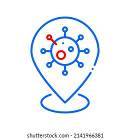 Covid 19 moléculas en un puntero de mapa. Vacunación o ubicación de prueba. Icono de trazo de píxeles perfecto, modificable