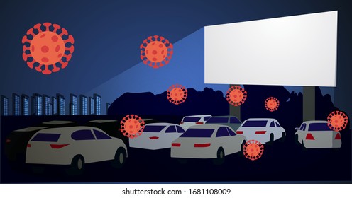 Covid 19. Movie theater for cars. Open-air cinema. Safe leisure during the coronavirus epidemic. Vector