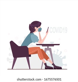 Covid 19 News Concept. Woman Checking News Update On Mobile Phone. Social Media Misinformation. Vector Illustration