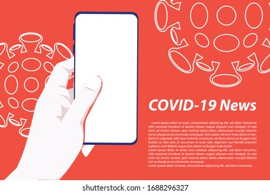 COVID 19 News hands holding smartphone on background,Vector illustration, flat style,concept,virus wuhan from china.
