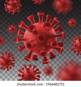 Covid 19 on transparent background blur effect. corona virus pandemic global warning. red coronavirus vector illustration.