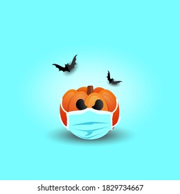 Covid 19 Pandemic Halloween Pumpkin in a medical protective mask and flying bats on a blue background