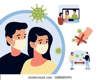 covid 19 pandemic impact the world, diverse people wearing medical face masks vector illustration