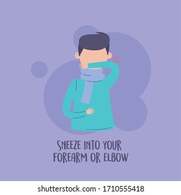 covid 19 pandemic infographic, prevention sneeze into your forearm or elbow vector illustration