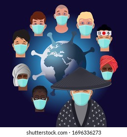 Covid 19 pandemic. People of different countries in protective masks on the background of the planet Earth. Vector illustration