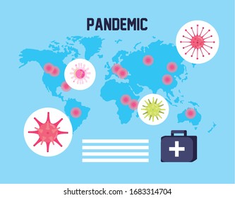 covid 19 particle with caution signals vector illustration design