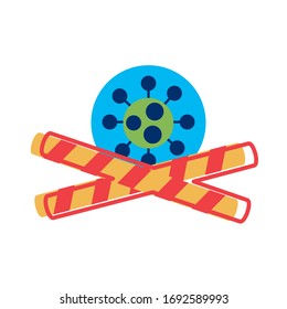 covid 19 partícula con precaución cintas de estilo plano icono ilustración vectorial diseño