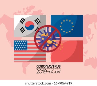 covid 19 particle with set flags icon vector illustration design