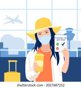 COVID 19 Pcr Test Negative Result. Health Passport, Document. Coronavirus Test Mandatory. Traveling, New Normal. Girl Or Woman In Airport. Flat Design Vector Illustration