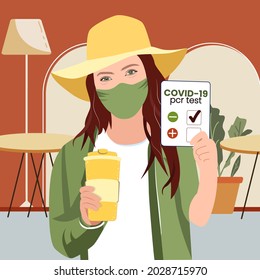 COVID 19 pcr test negative result. Health passport, document. Coronavirus test mandatory. Traveling, new normal. Girl or woman in cafe, restaurant. Flat design vector illustration