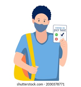 COVID 19 pcr test negative result. Coronavirus test mandatory. Traveling, new normal. Man showing health passport, document on dark background. Flat design vector illustration