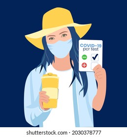 COVID 19 pcr test negative result. Coronavirus test mandatory. Traveling, new normal. Girl or woman showing health passport, document on dark background. Flat design vector illustration