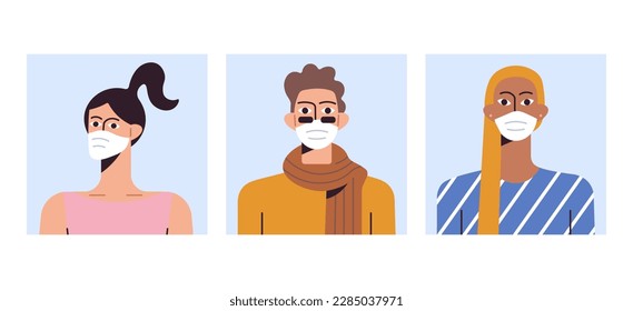 Covid 19 people wearing protective masks avatar blonde woman with long hair coronavirus flat vector illustration