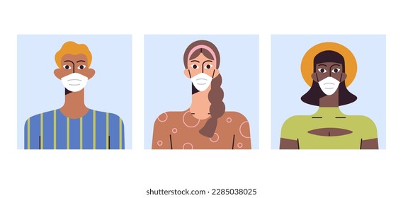 Covid 19 people wearing protective masks avatar girl with braided braid coronavirus flat vector illustration