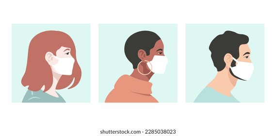 Covid a 19 personas en máscaras protectoras chica con aretes de pelo rojo coronavirus plano ilustración vectorial