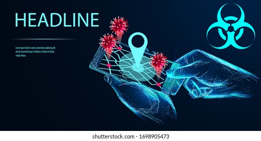 COVID 19. Phone With The Coronavirus Tracking App Installed. The Medical Mobile App Concept. Low Poly Wireframe Style. Vector