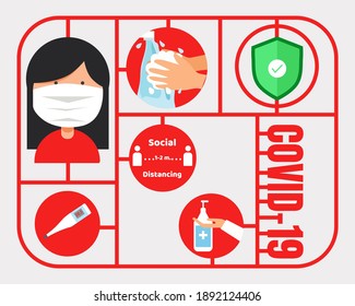 Covid 19 Prevention Icon: Four Signs, Wear Face Mask, Clean Your Hands, Check Temperature, Keep Distancing. Cartoon Vector Style For Your Design.