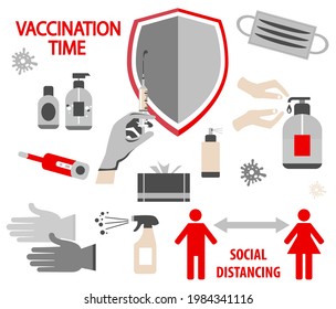 Covid 19 prevention icons. Medical mask, gloves, hand sanitizer bottles. Vector illustration