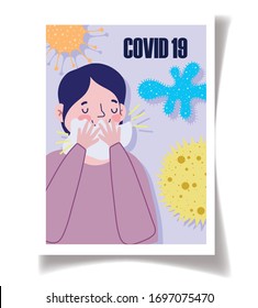 Covid 19 Prevention Man Symptoms Cough Cover Mouth With Tissue Paper Vector Illustration