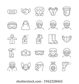 Covid 19 protection equipments line icons collection. Including icons as face mask, 3d mask, face shield, goggles, alcohol, spray, gel, PPE suite. Set of black and white outline vector illustrations