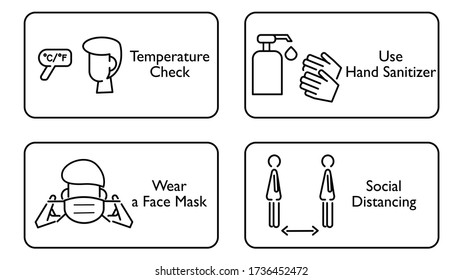 COVID -19 Protection Policies : Temperature Check, Use Hand Sanitizer, Wear A Face Mask, Social Distancing. Suit For Sign In Reopen Restaurants, Store, Office Etc. Line Icon. Vector Illustration.