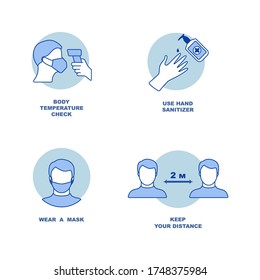 COVID -19 Protection Policies: Temperature Check, Use Hand Sanitizer, Wear A Face Mask, Social Distancing. Vector Illustration.