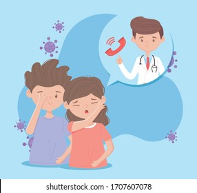 covid 19 quarantine, sick couple calling at doctor consultation vector illustration