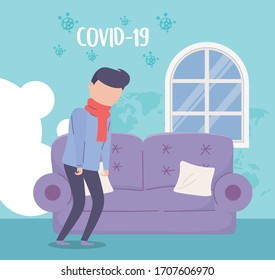 covid 19 quarantine, sick man with scarf living room house vector illustration